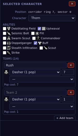 The Selected Character inspector: a hero's abilities as checkboxes, and two teams of a single creature type each, with pop cost shown per team.