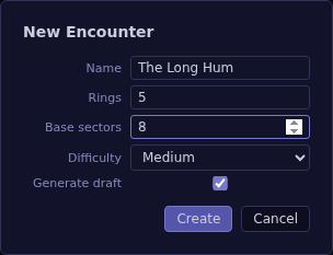 The New Encounter dialog: a name, ring and sector counts, a difficulty, and the Generate draft checkbox.