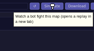 The Simulate button, hovered: its tooltip reads 'Watch a bot fight this map (opens a replay in a new tab)'.