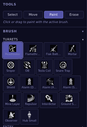 The Tools row with Paint active, and the Brush panel with only the Turrets group expanded, showing the full turret catalog as a grid of icons.