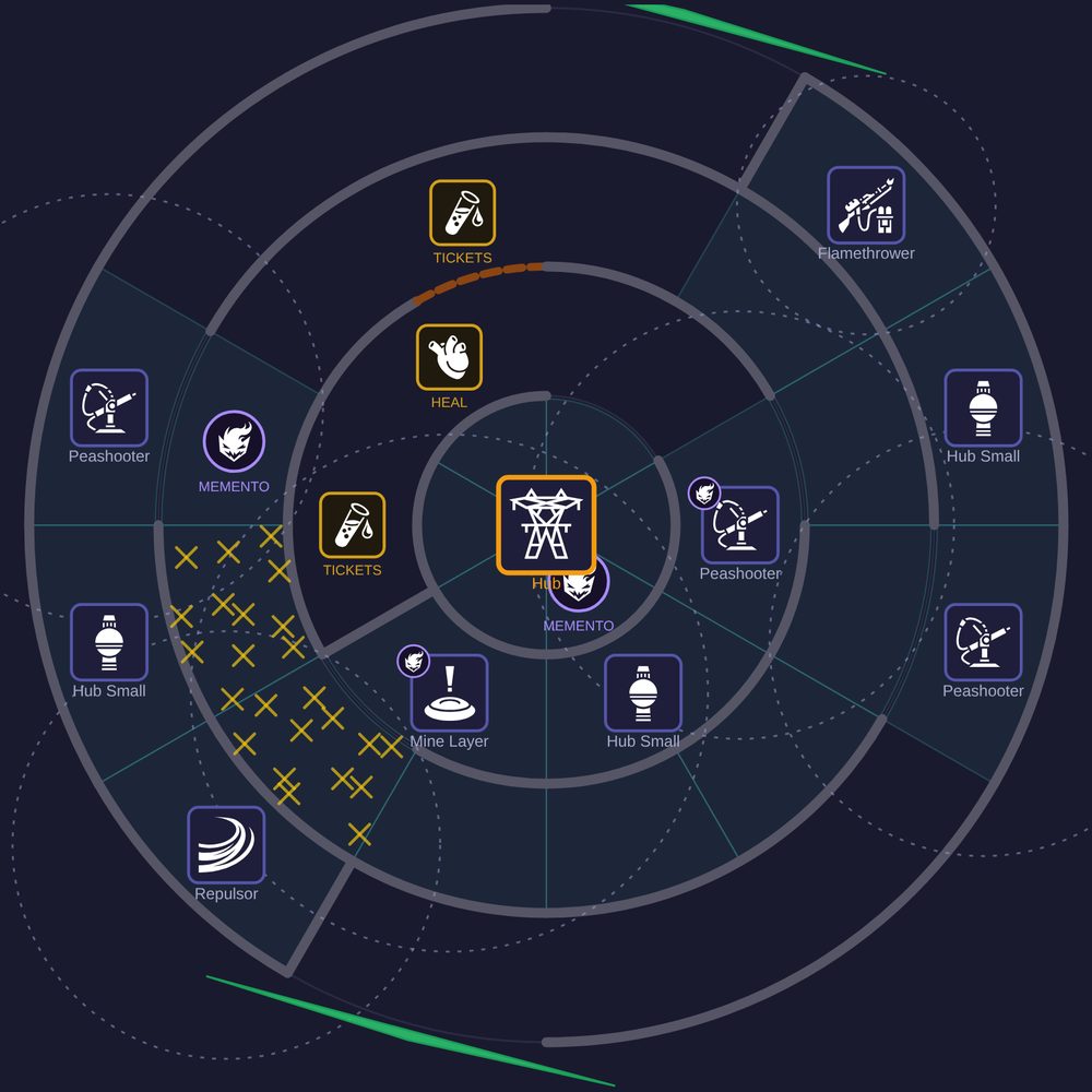 The First Drip: a four ring map with two entries, a gun post on each approach passage, and the caches and the hub cluster the attack has to take to keep earning.