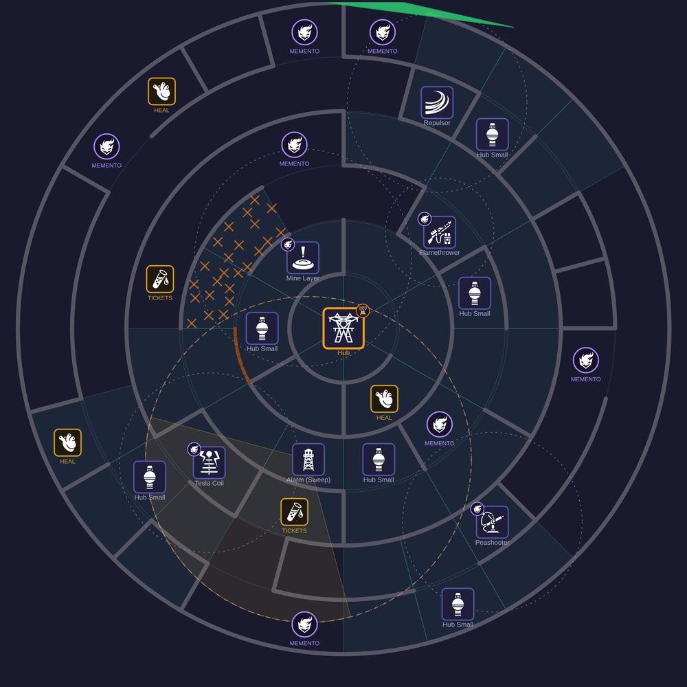 The Ribcage: a spiral corridor winding through six rings, each stretch holding one turret behind a wall with its power hub out on the corridor, plus a mined lane and caches off the line.